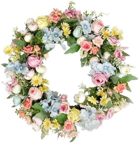 16 Inch Artificial Spring Wreaths for Front Door Spring Summer Flower Wreaths wirh Rose and Hydrangea Floral Wreath for All Seasons Door Wall Window Festival Farmhouse Easter Decor