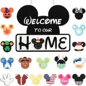 19Pcs Mouse Seasonal Interchangeable Welcome Door Sign Welcome to Our Home Wooden Hanging Signs Round Decorative Home Porch Plaques Set for Summer Autumn Halloween Christmas Decoration