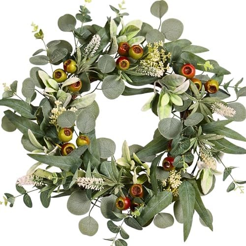 22IN Spring Summer Eucalyptus & Berry Wreath with Realistic Lamb's Ear Leaves. Seasonal Greenery Decor for Front Door, Wall, and Year-Round Celebrations.