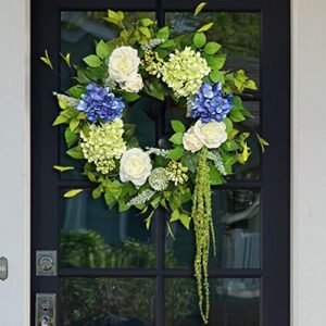 23 Inch Spring Wreaths for Front Door, Soomeir Blue and Green Hydrangea Winter Door Wreaths Outside, Floral and Seasonal Wreath, Artificial Decor Decorations for Outdoor, Indoors, Valentine