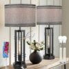 27'' Touch Control Farmhouse Table Lamps Set of 2 Tall 2-Light Design, Black Bedroom Bedside Nightstand w/A+C USB Ports, Gray Table Lamps for Living Room Home Office End Table