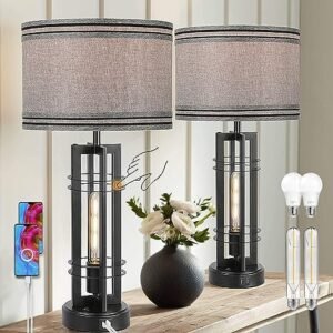 27'' Touch Control Farmhouse Table Lamps Set of 2 Tall 2-Light Design, Black Bedroom Bedside Nightstand w/A+C USB Ports, Gray Table Lamps for Living Room Home Office End Table