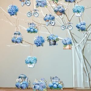 36 Pcs Spring Summer Ornaments Blue Hydrangea Hanging Ornaments for Tree Wooden Watercolor Vintage Hydrangea Flowers Bicycle Garden Decor with Rope for Mother's Day Seasonal Party Decor