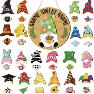 41 pieces Interchangeable Wooden Gnome Decorations Kits Seasonal Interchangeable Welcome Signs for front Door Detachable Magnet Hats and Hands Rustic Hanging Gnome Changeable Welcome Sign