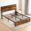 45MinST Queen Size Metal Bed Frame Furniture with Storage Headboard, Charging Station Platform, Bedsteads of Wood, 2 Drawers, Heavy Duty, No Box Spring Needed, Easy Assembly, Vintage Brown