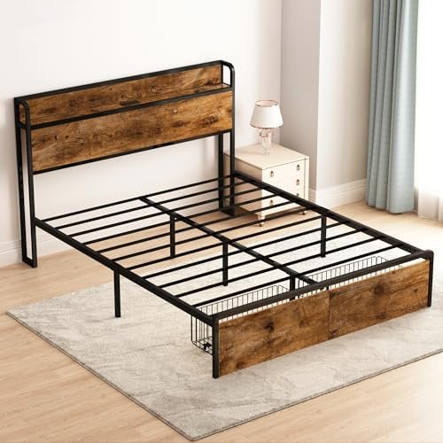 45MinST Queen Size Metal Bed Frame Furniture with Storage Headboard, Charging Station Platform, Bedsteads of Wood, 2 Drawers, Heavy Duty, No Box Spring Needed, Easy Assembly, Vintage Brown