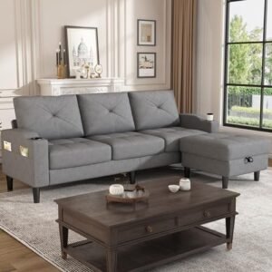 78" Convertible Sectional Sofa Couch, L-Shaped Sofa Couch for Living Room, Grey Couches Linen Fabric 3 Seat Sectional Sofa with Storage Reversible Ottoman for Small Space/Apartment/Office