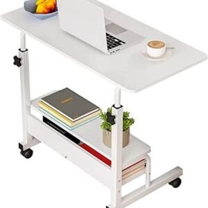 Adjustable Table Student Computer Portable Home Office Furniture Small Spaces Sofa Bedroom Bedside Desk Learn Play Game Desk on Wheels Movable with Storage Desk Size 31.5 * 15.7 Inch,White D