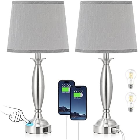 Bedrooms Touch Control Bedside Lamp with USB C+A, 3 Way Dimmable Nightstand Lamps with USB Port, Brushed Nickel Table Lamp for Living Room Guest Room Bed Side End Table, Set of 2