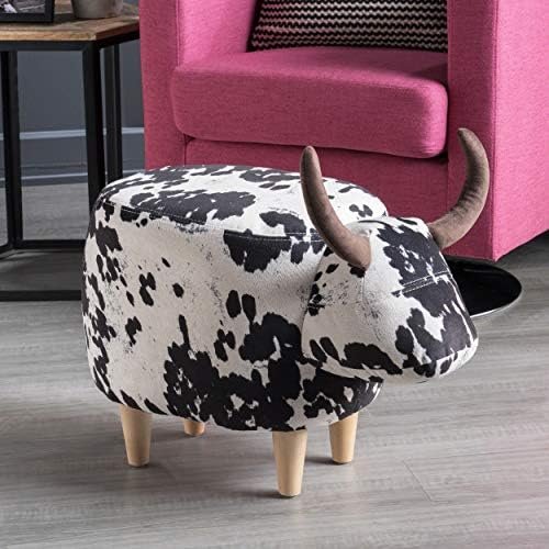 Christopher Knight Home Bessie Patterned Velvet Cow Ottoman, Black And White Cow Hide / Natural