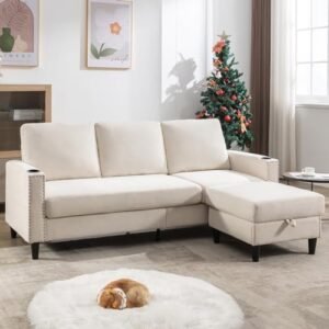 Convertible Sectional Couches for Living Room, L-Shaped Couch 3 Seats Sofas with Storage Chaise & 2 Cup Holders, Small Sofa for Apartment, Compact Spaces, Beige