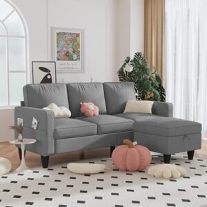 Convertible Sectional Sofa Couch, Light Grey 3 Seat L-Shaped Sofas with Movable Ottoman, Modern Linen Fabric Couches for Living Room, Apartment, Office, Small Space