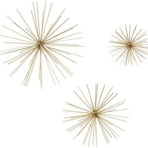 Deco Metal Starburst Hanging Sculpture Wall Art Decorations for Contemporary, Bedroom, Living Room, Modern, S/3 6", 9", 11"W, Gold