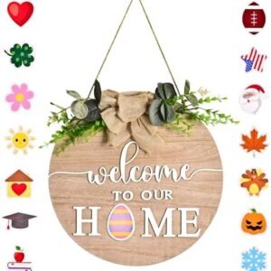 Easter Decorations Door Hanger Sign - 15 Icons Seasonal Welcome Home Sign Natural Wreaths For Farmhouse Porch Holiday Easter Day Spring Door Decorations