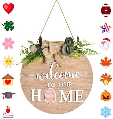 Easter Decorations Door Hanger Sign - 15 Icons Seasonal Welcome Home Sign Natural Wreaths For Farmhouse Porch Holiday Easter Day Spring Door Decorations