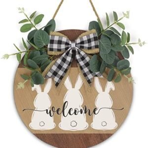 Easter Welcome Sign Front Door Decor with Bunny Rabbit Bow, Rustic Round Wooden Easter Wreath Sign for Spring Home Front Porch Window Wall Farmhouse Easter Decorations