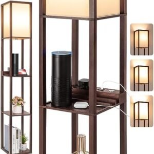 FOLKSMATE Touch Control Shelf LED Floor Lamp with Shelves, Charging USB, Type C Port and Power Outlet, Dimmable Standing Lamp for Living Room, Bedroom