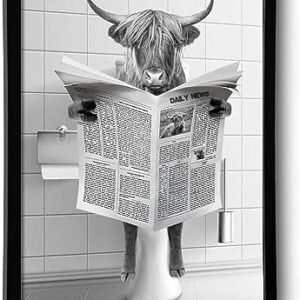 Framed Highland Cow Wall Art, Bathroom Decor Wall Art, Black and White Wall Art, Funny Bathroom Wall Art Signs, Humor Animals Bathroom Artwork, Cute Canvas Print Ready to Hang (Framed,8''x10'')