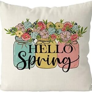 GAGEC Spring Pillow Covers 18x18 Inch Hello Spring Mason Jar Flower Floral Throw Pillowcase Seasonal Summer Home Sofa Bedroom Living Room Holiday Decor Cushion Case