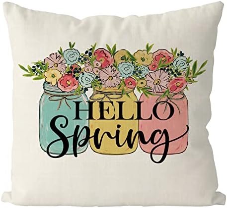 GAGEC Spring Pillow Covers 18x18 Inch Hello Spring Mason Jar Flower Floral Throw Pillowcase Seasonal Summer Home Sofa Bedroom Living Room Holiday Decor Cushion Case