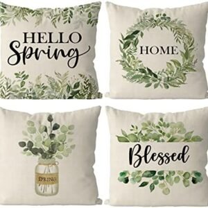 GAGEC Spring Pillow Covers 18x18 Inch Set of 4 Blessed Mason Jar Flowers Floral Throw Pillowcase Home Sofa Bedroom Living Room Holiday Decor Cushion Case Farmhouse Decorations