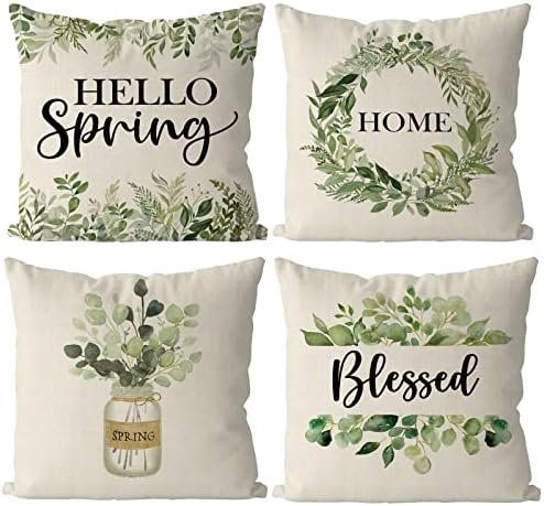 GAGEC Spring Pillow Covers 18x18 Inch Set of 4 Blessed Mason Jar Flowers Floral Throw Pillowcase Home Sofa Bedroom Living Room Holiday Decor Cushion Case Farmhouse Decorations