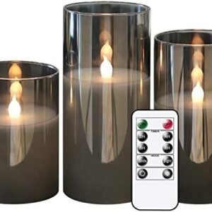 GenSwin Gray Glass Battery Operated Flameless Led Candles with 10-Key Remote and Timer, Real Wax Candles Warm White Flickering Light for Home Decoration(Set of 3)