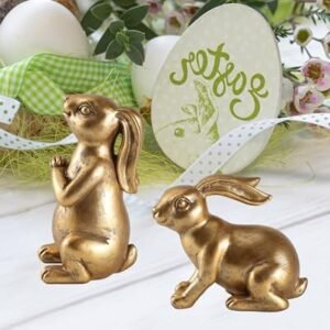 Gold Bunnies Decor, Set of 2 Resin 5.1'' Easter Bunny Figurines - Hand Painted Decorative Rabbit Statues Spring Gift for The Home Easter Decorations (Gold Bunny)