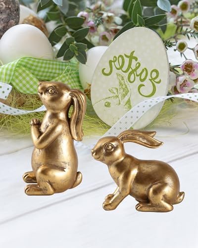 Gold Bunnies Decor, Set of 2 Resin 5.1'' Easter Bunny Figurines - Hand Painted Decorative Rabbit Statues Spring Gift for The Home Easter Decorations (Gold Bunny)