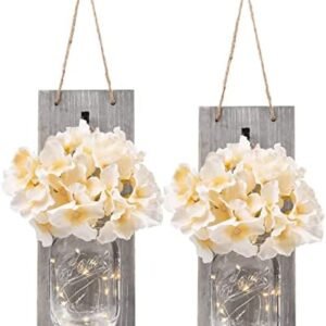 HOMKO Decorative Mason Jar Wall Decor - Rustic Wall Sconces with 6-Hour Timer LED Fairy Lights and Flowers - Farmhouse Home Decor (Set of 2)