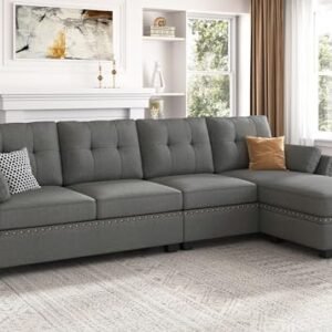 HONBAY Reversible Sectional Sofa L-Shape Sofa Convertible Couch 4-Seater Sofas Sectional for Apartment Dark Grey