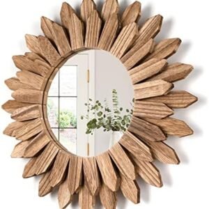 Honiway Wall Mirror Decorative 12 inch Rustic Wood Mirror Sunburst Boho Mirror for Entryway Bedroom Living Room Bathroom House Warming Gifts New Home Essential Carbonized Black