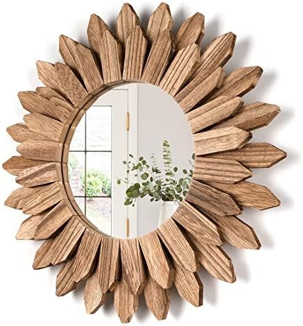 Honiway Wall Mirror Decorative 12 inch Rustic Wood Mirror Sunburst Boho Mirror for Entryway Bedroom Living Room Bathroom House Warming Gifts New Home Essential Carbonized Black