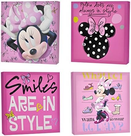 Idea Nuova Disney Minnie Mouse 4 Piece Canvas Wall Art, Children's Home Décor,12-1/4"L x 12-1/4"W x 1-1/2"H,NK318680