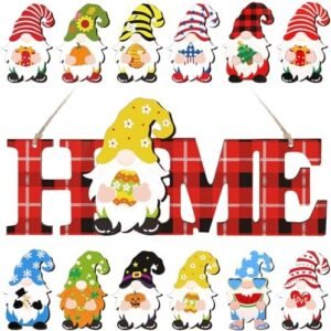 Interchangeable Gnomes Sign Wood Easter Gnomes Home Decor Seasonal St Patrick's Day Decor Farmhouse Spring Porch Sign with 12 Pieces Changeable Gnomes Rustic Door Sign Decor(Red, Black)