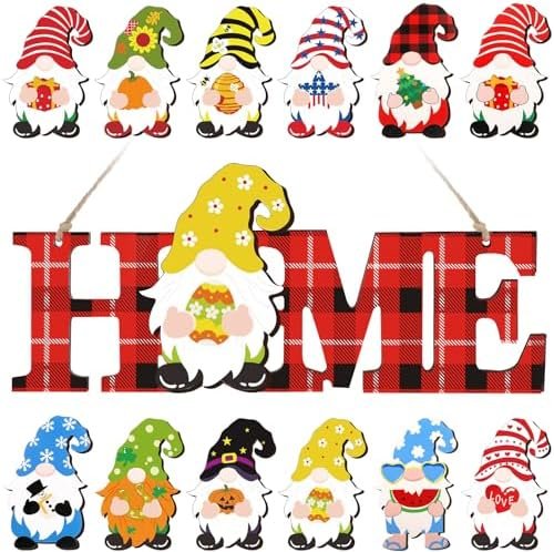 Interchangeable Gnomes Sign Wood Easter Gnomes Home Decor Seasonal St Patrick's Day Decor Farmhouse Spring Porch Sign with 12 Pieces Changeable Gnomes Rustic Door Sign Decor(Red, Black)