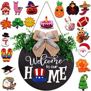 Interchangeable Seasonal Welcome Sign Front Door Decorations - Home Porch Decor Indoor Outdoor Hanging Ornaments Gifts + Wreath Hanger,Spring Summer Fall Winter Decoration