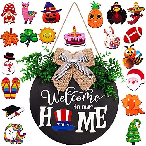 Interchangeable Seasonal Welcome Sign Front Door Decorations - Home Porch Decor Indoor Outdoor Hanging Ornaments Gifts + Wreath Hanger,Spring Summer Fall Winter Decoration