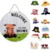 Interchangeable Welcome Sign for Front Door,Highland Cow Wood Seasonal Sign Decor for Farmhouse Spring Summer Fall Winter Christmas All Seasons