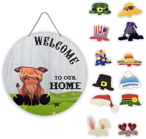 Interchangeable Welcome Sign for Front Door,Highland Cow Wood Seasonal Sign Decor for Farmhouse Spring Summer Fall Winter Christmas All Seasons