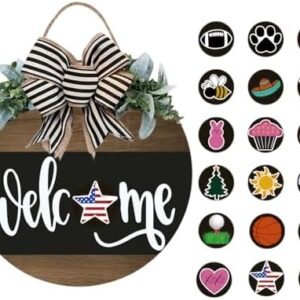 Interchangeable Wooden Seasonal Welcome Sign, Rustic Round Wreath for Front Door Porch Home/Wall/Porch Decor, for Easter Spring Summer Fall Halloween Christmas All Season Decorations (Black)