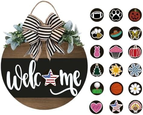 Interchangeable Wooden Seasonal Welcome Sign, Rustic Round Wreath for Front Door Porch Home/Wall/Porch Decor, for Easter Spring Summer Fall Halloween Christmas All Season Decorations (Black)