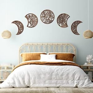 Jetec 5 Pieces Moon Phase Wall Hanging Decor Wooden Moon Wall Art Nordic Moon Phases Wall Art Moon Decor for Room Bar Ornament (Brown)