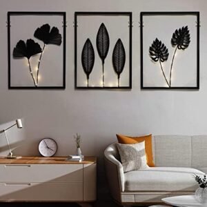 Metal Wall Art, Black Wall Decor with Light Strips 3 Pcs Modern Room Decor Rustic Farmhouse Wall Decor, Home Decor Wall for Living Room Bedroom (Vertical)