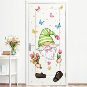 Mfault Spring Summer Gnome Door Stickers Decals, Tulip Flower Butterfly Removable Door Decorations, Polka Dot Floral Seasonal Home Decor for Refrigerator Door Wall Window