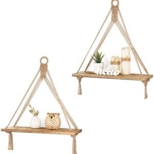 Mkono Macrame Hanging Shelves Boho Wall Decor Set of 2 Rustic Wood Floating Storage Shelf for Bedroom Bathroom Living Room Nursery Dorm Room, Display Shelving for Hanging Plants Photos, Brown