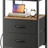 Nightstand with Charging Station, Side Table with Fabric Drawers, End Table with Open Shelf, Bedside Table with USB Ports and Outlets, Night Stand for Bedroom, Rustic Brown and Black