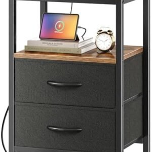 Nightstand with Charging Station, Side Table with Fabric Drawers, End Table with Open Shelf, Bedside Table with USB Ports and Outlets, Night Stand for Bedroom, Rustic Brown and Black