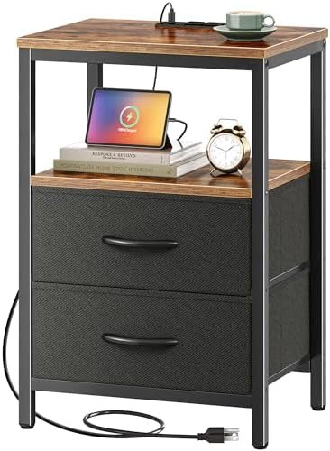 Nightstand with Charging Station, Side Table with Fabric Drawers, End Table with Open Shelf, Bedside Table with USB Ports and Outlets, Night Stand for Bedroom, Rustic Brown and Black