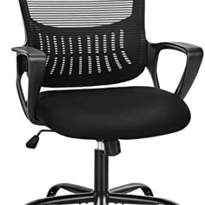 Office Computer Desk Chair, Ergonomic Mid-Back Mesh Rolling Work Swivel Task Chairs with Wheels, Comfortable Lumbar Support, Comfy Arms for Home, Bedroom, Study, Dorm, Student, Adults, Black